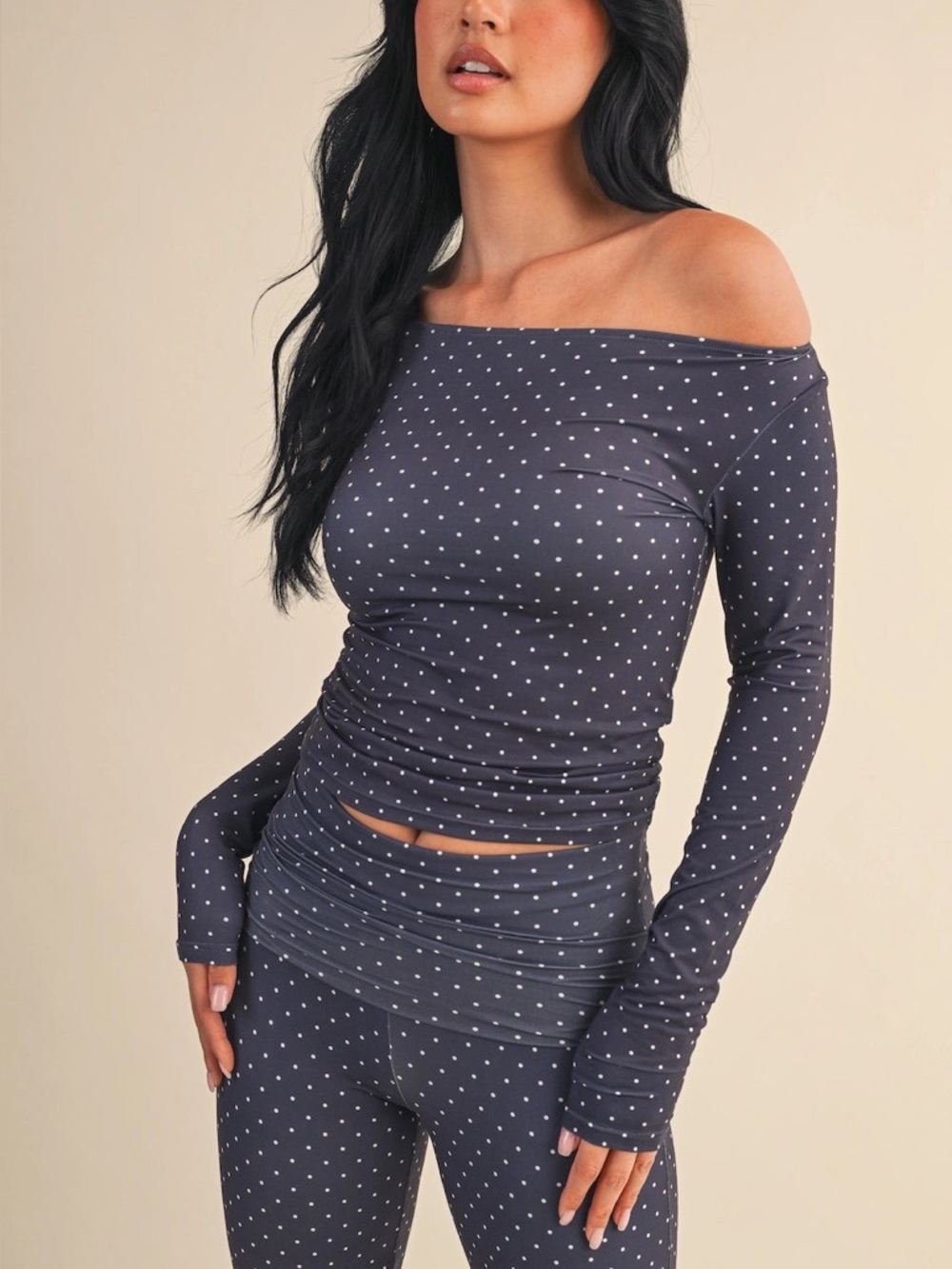 Blue White Polka Dot Off Shoulder Top Flare Foldover Leggings
